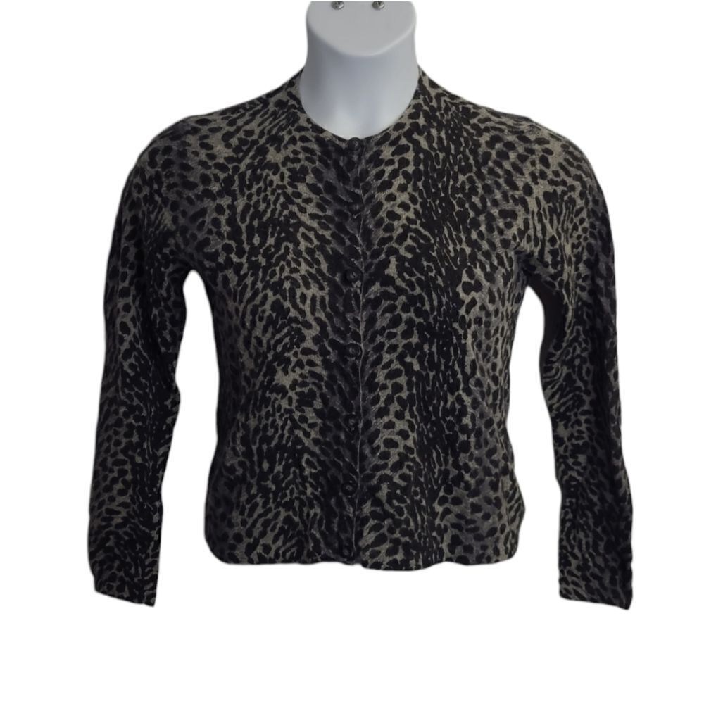 NINA LEONARD snow leopard angora blend button up cardigan sweater petite S